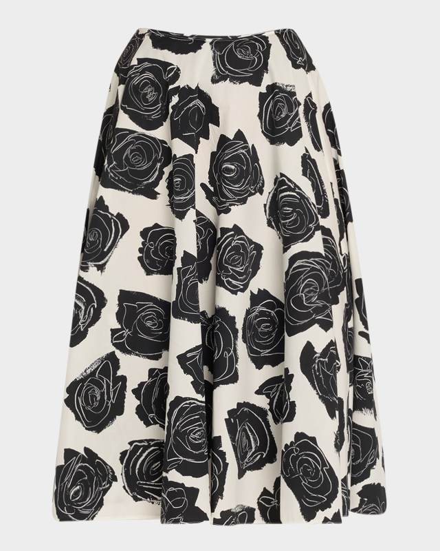 Rose-Printed Flare Midi Skirt